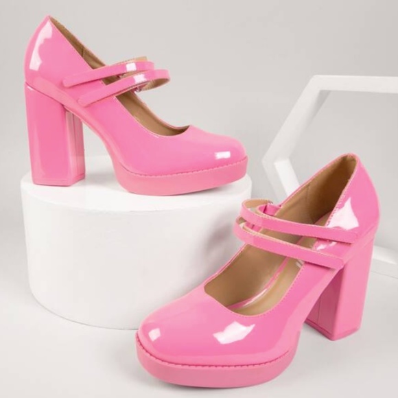 New Pink Patent Mary Jane Platform Chunky Heel Pumps - Picture 4 of 4
